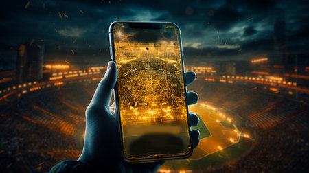 Gold inscription Sports Betting on a smartphone on a background of green grass. Bets, sports betting, bookmaker. Mixed media. Generative AIの素材