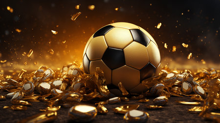 Gold-Black Soccer ball with Particles. 3D illustration. 3D high quality rendering. Generative AIの素材