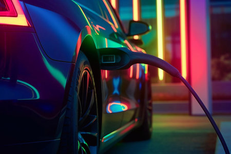 Close-up modern EV Car recharging battery from EV charging machine on black color background, EV Car are a popular new innovation and zero-emission vehicle, green energy for smart life, Generative AIの素材