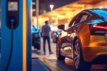 Power cable pump plug in charging power to electric vehicle EV car with modern technology UI control information display, car fueling station connected power cable alternative Generative AIの素材