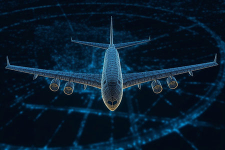 Abstract background with digital grid airplane and blurred lines. Big data. Wireframe 3d plane engineering concept with lens effects. Travel, tourism, transport. Generative AIの素材