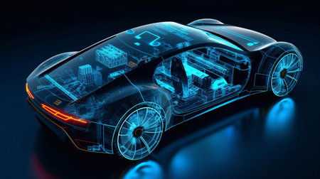 Electronic vehicle charging station control stop refuel point, hand pressing starting charge energy button, electric power EV car futuristic eco environmental friendly energy, blue Generative AIの素材