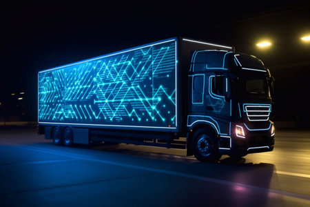 futuristic truck with a trailer is driving along a night road. 3D rendering Generative AIの素材