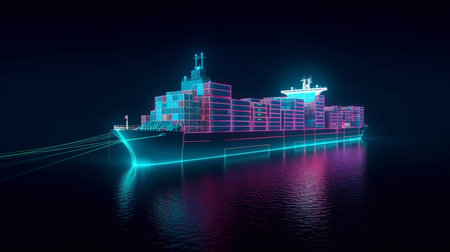 Abstract low poly 3d cargo ship isolated in dark blue background. Container ships, transportation, logistics or international shipping concept. Digital mesh illustration looks like Generative AIの素材