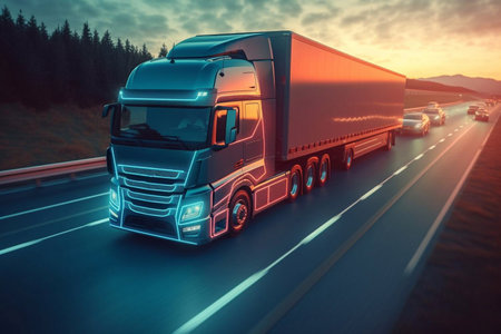European truck vehicle on motorway with dramatic sunset light. Cargo transportation and supply theme. Generative AIの素材