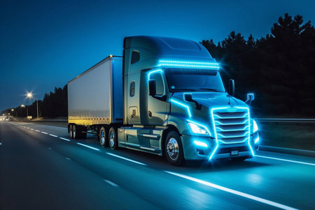 futuristic truck with a trailer is driving along a night road. 3D rendering Generative AIの素材