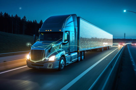 futuristic truck with a trailer is driving along a night road. 3D rendering Generative AIの素材