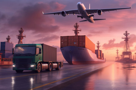 Transportation, import-export, commercial logistic, shipping business industry, container truck, ship in port and freight cargo plane Generative AIの素材