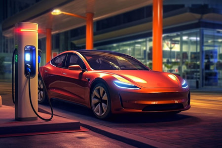 Power cable pump plug in charging power to electric vehicle EV car with modern technology UI control information display, car fueling station connected power cable alternative Generative AIの素材