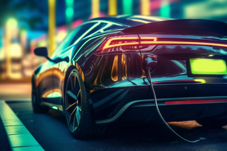 Close-up modern EV Car recharging battery from EV charging machine on black color background, EV Car are a popular new innovation and zero-emission vehicle, green energy for smart life, Generative AIの素材