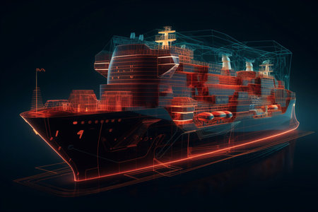 Worldwide cargo ship. Polygonal wireframe mesh art looks like constellation on dark blue night sky with dots and stars. Transportation, logistic, shipping concept illustration . Generative AIの素材