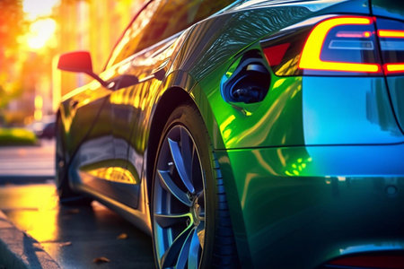 Close-up modern EV Car recharging battery from EV charging machine on black color background, EV Car are a popular new innovation and zero-emission vehicle, green energy for smart life, Generative AIの素材