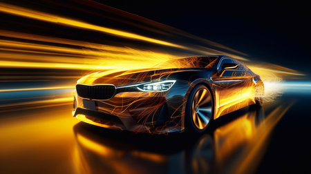 Speeding Sports Car On Neon Highway. Powerful acceleration of a supercar on a night track with colorful lights and trails. 3d render Generative AIの素材
