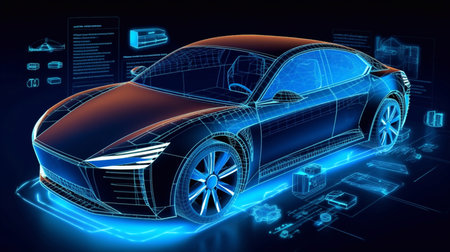 Electronic vehicle charging station control stop refuel point, hand pressing starting charge energy button, electric power EV car futuristic eco environmental friendly energy, blue Generative AIの素材