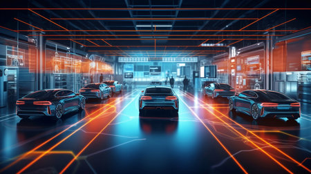 Electronic vehicle charging station control stop refuel point, hand pressing starting charge energy button, electric power EV car futuristic eco environmental friendly energy, blue Generative AIの素材