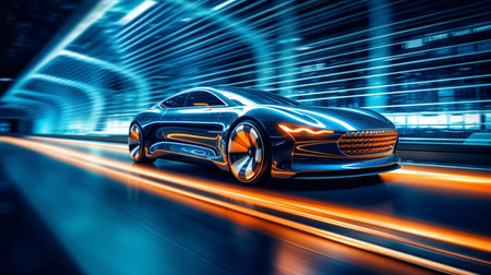 Speeding Sports Car On Neon Highway. Powerful acceleration of a supercar on a night track with colorful lights and trails. 3d render Generative AIの素材