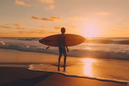 Confident boy carrying surfboard while standing at seaside in sunset Generative AIの素材
