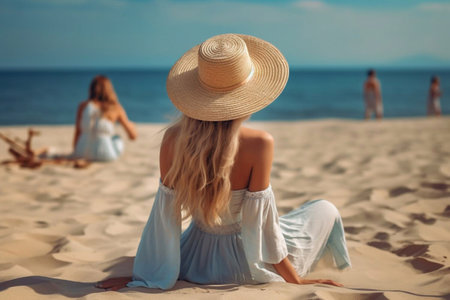 young woman with a beautiful figure looks at the blue ocean Generative AIの素材