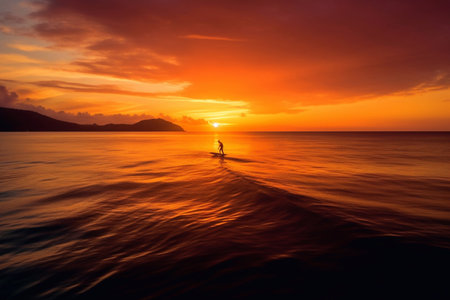 Surfing at Sunset. Young Man Riding Wave at Sunset. Outdoor Active Lifestyle. Generative AIの素材