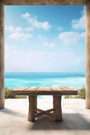 Wooden bamboo sunbeds on old wood ,beautiful beach and sea scenery background Generative AIの素材