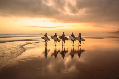 Four surfers walk along the beach Generative AIの素材
