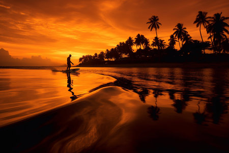 Surfing at Sunset. Young Man Riding Wave at Sunset. Outdoor Active Lifestyle. Generative AIの素材