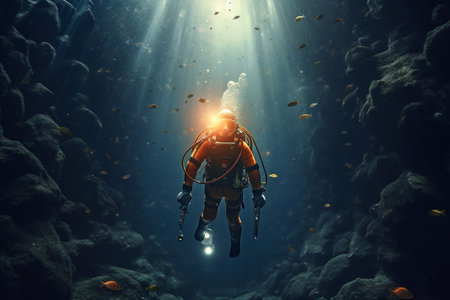 Scuba diving safety stop performed in the deep blue sea Generative AIの素材
