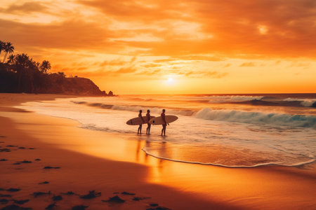 Surfing at Sunset. Young Man Riding Wave at Sunset. Outdoor Active Lifestyle. Generative AIの素材