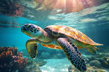 A green turtle is swimming in deep blue water on a sunny day. Generative AIの素材