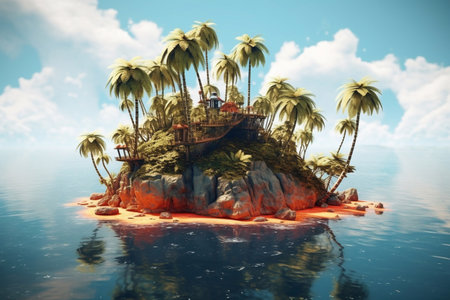 3D illustration blue tropical background of the sea in summer blurred with palm leaves and sunshine. Sea and sky with white clouds Summer holiday Generative AIの素材