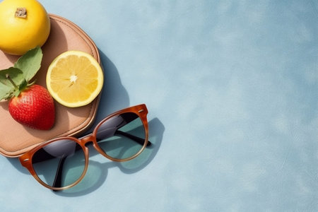 Tropical palm leaves, hat, starfish, seashells, headphones on beige background. Trendy tropical pattern. Fashion clothing and accessories. Flat lay, close up. Summer, vacation, Generative AIの素材