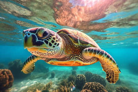 A green turtle is swimming in deep blue water on a sunny day. Generative AIの素材