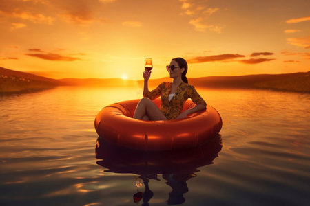 Beautiful young woman with a glass of wine on inflatable ring in water during sunset Generative AIの素材