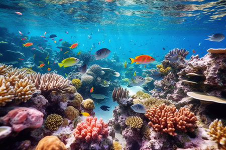 Underwater view of the coral reef. Ecosystem. Life in tropical waters. Generative AIの素材