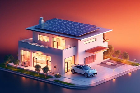 Solar photovoltaic panels on a house roof Generative AIの素材