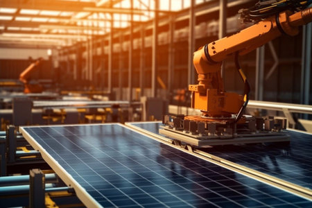 Large Production Line with Industrial Robot Arms at Modern Bright Factory. Solar Panels are being Assembled on Conveyor. Automated Manufacturing Facility Generative AIの素材