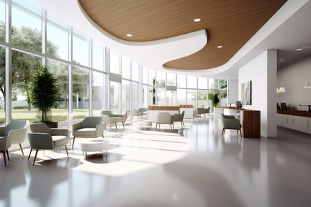 Empty lobby counter section in hospital healthcare background with clean and clear interior designの素材