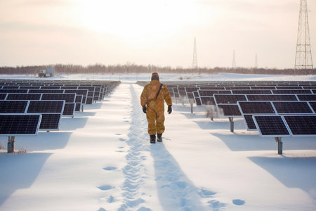 Technician and investor walking in Solar cell Farm through field of solar panels checking the panels at solar energy installation.Solar cells will be an important renewable energy Generative AIの素材