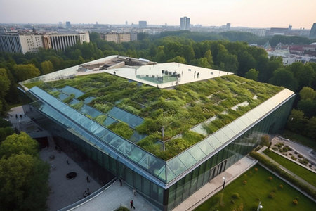 Sustainble green building. Eco-friendly building. Sustainable glass office building with tree for reducing carbon dioxide. Office with green environment. Corporate building reduce CO2. Generative AIの素材