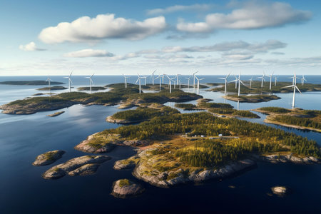 Solar photovoltaic panels and wind turbines. Energy concept Generative AIの素材