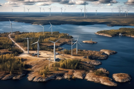 Solar photovoltaic panels and wind turbines. Energy concept Generative AIの素材