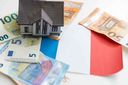 White house with euro cash money as a concept of investment in property. Benefit f a broker after selling house. Crisis on property market after isolation.の写真素材