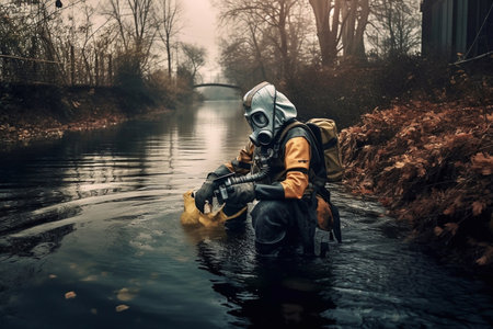 scientist researcher in protective suit takes water for analysis from polluted riverの素材
