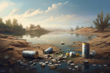 Spilled garbage on the beach of the big city. Empty used dirty plastic bottles. Dirty sea sandy shore the Black Sea. Environmental pollution. Ecological problem. Moving waves in the backgroundの素材