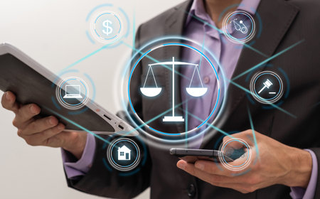 Businessman on blurred background using law protection right 3D renderingの写真素材
