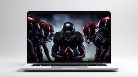 Dynamic portrait of male american football player in sports equipment over 3D model stadium in motion on dark night sky background. Concept of art, sport, team, energy and power, achievements, adの写真素材