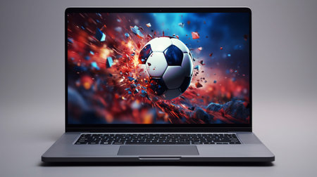 Illustration of a soccer ball or football flying out of a broken laptop computer screenの写真素材
