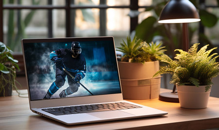 hockey Players in dynamic action in a professional sport game play on the laptop in hockey under stadium lights.の写真素材