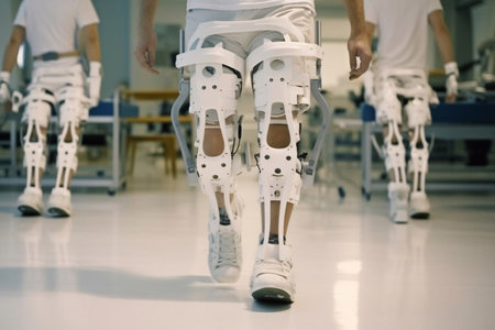 Legs of man in the robotic exoskeleton walking through the corridor of the rehabilitation clinic. Doctor helping him. Generative AIの素材