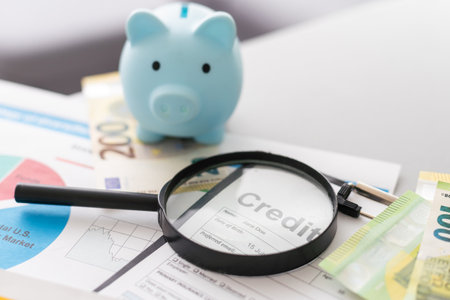 Piggybank and fountain pen with calculatorの写真素材